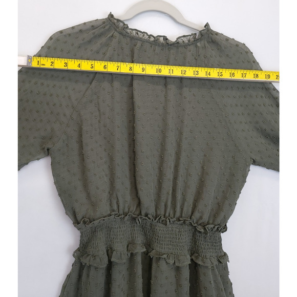 Skies Are Blue Short Dress Tired Ruffled Peasant Sleeve Smocked Women XS Olive‎ - Picture 6 of 12
